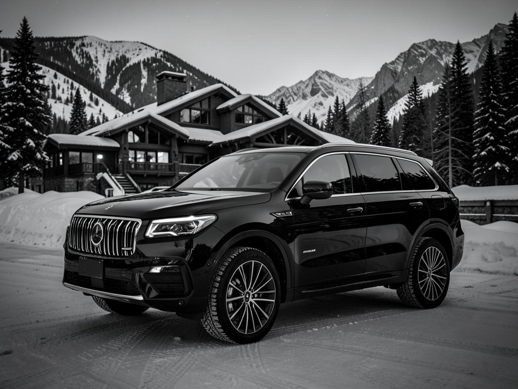 Fully detailed black SUV parked in front of a mountain lodge